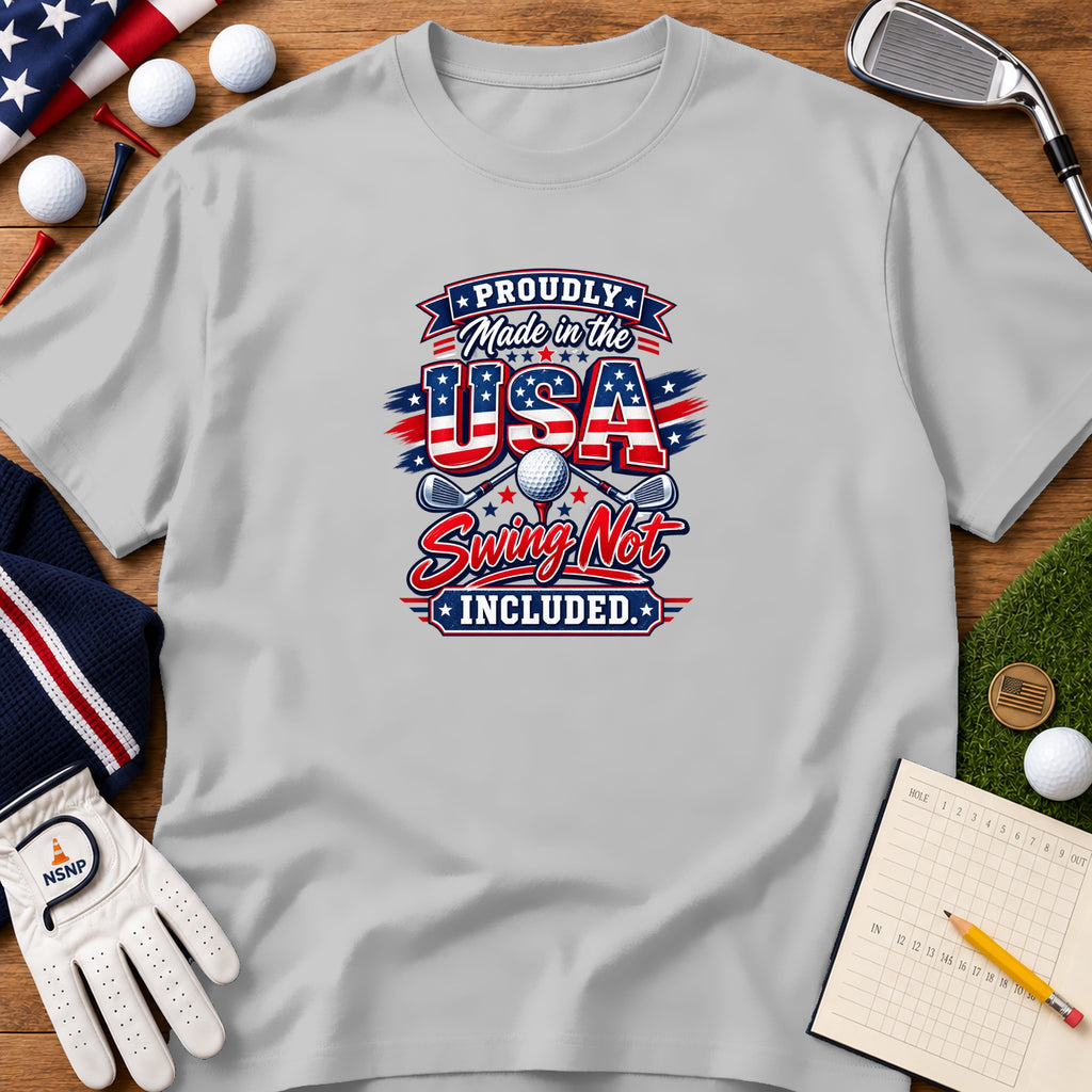 Light gray t-shirt featuring a red, white, and blue golf graphic with USA text on a wooden surface.