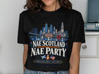 Black t-shirt with "Nae Scotland Nae Party" and Philadelphia skyline graphic.