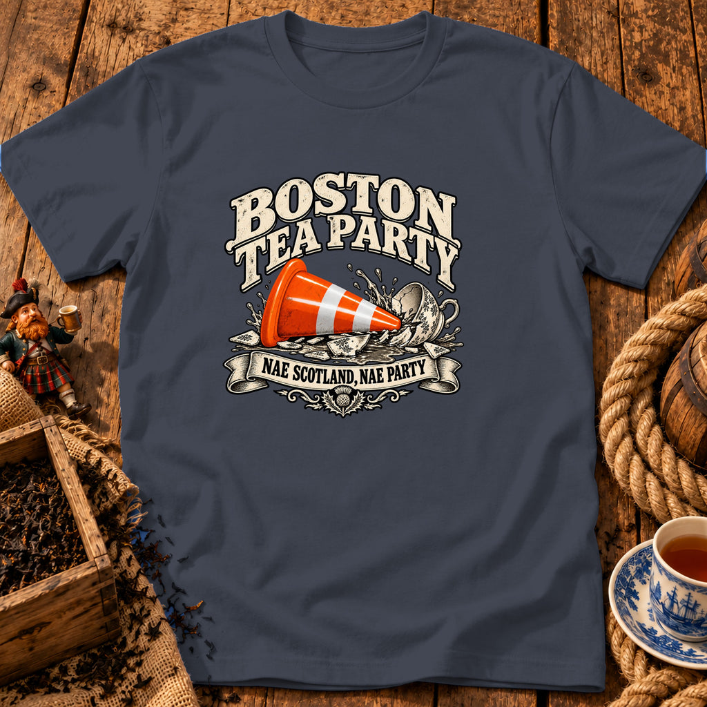 Dark gray t-shirt featuring a graphic with a traffic cone in a broken teacup and text reading "Boston Tea Party".