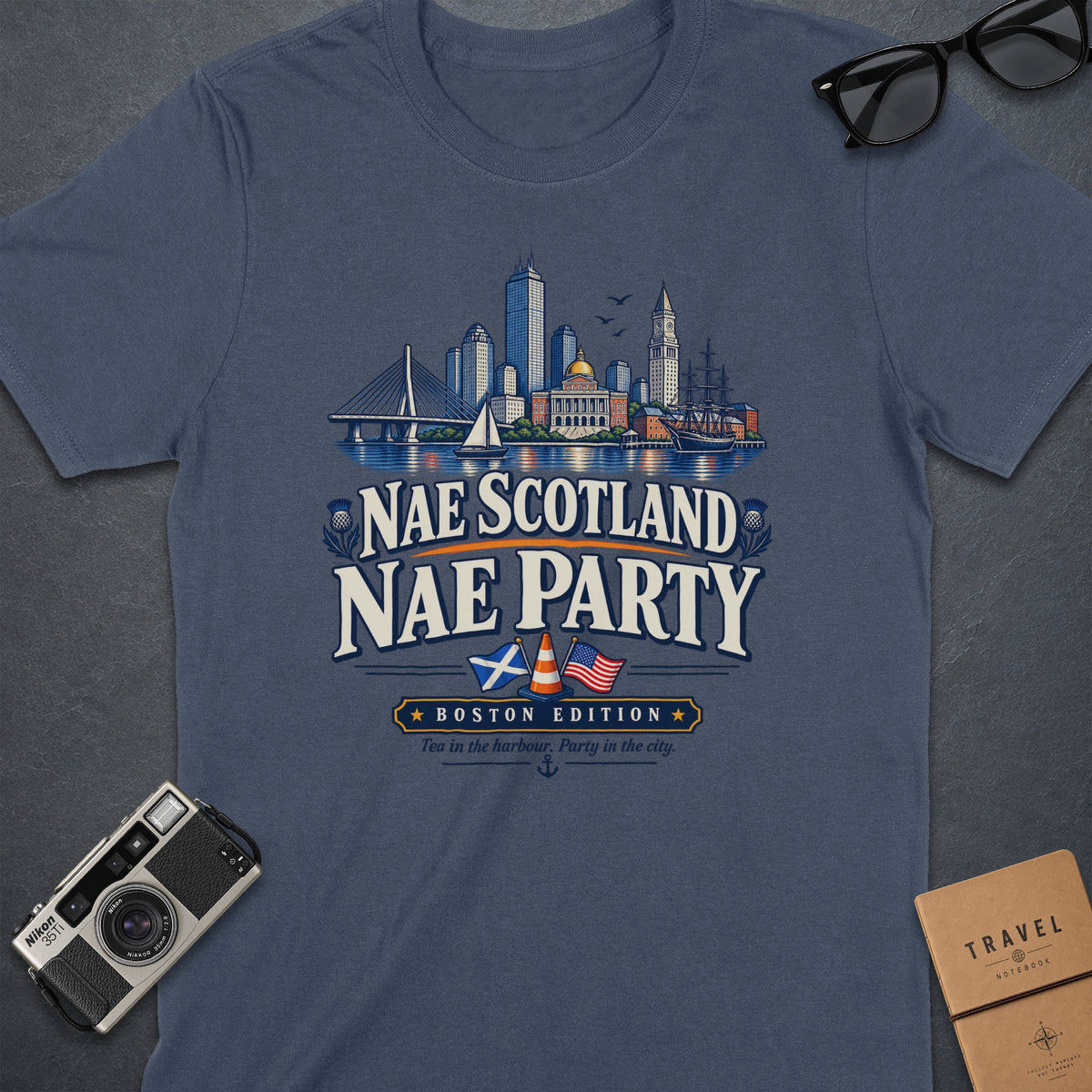 Navy t-shirt with Boston skyline graphic and "Nae Scotland Nae Party" text.