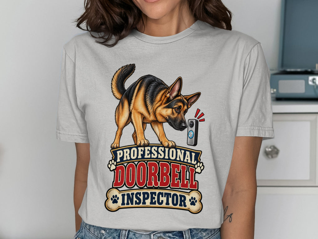 German Shepherd on a shirt that says "Professional Doorbell Inspector."