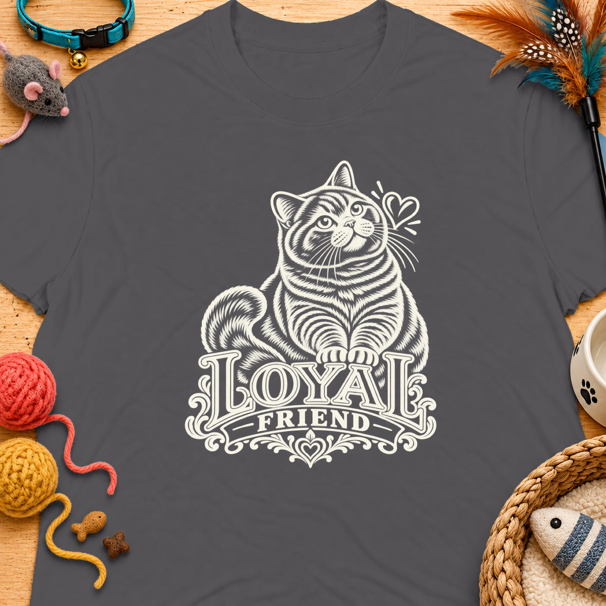 T-shirt with cream cat graphic and text "Loyal Friend".