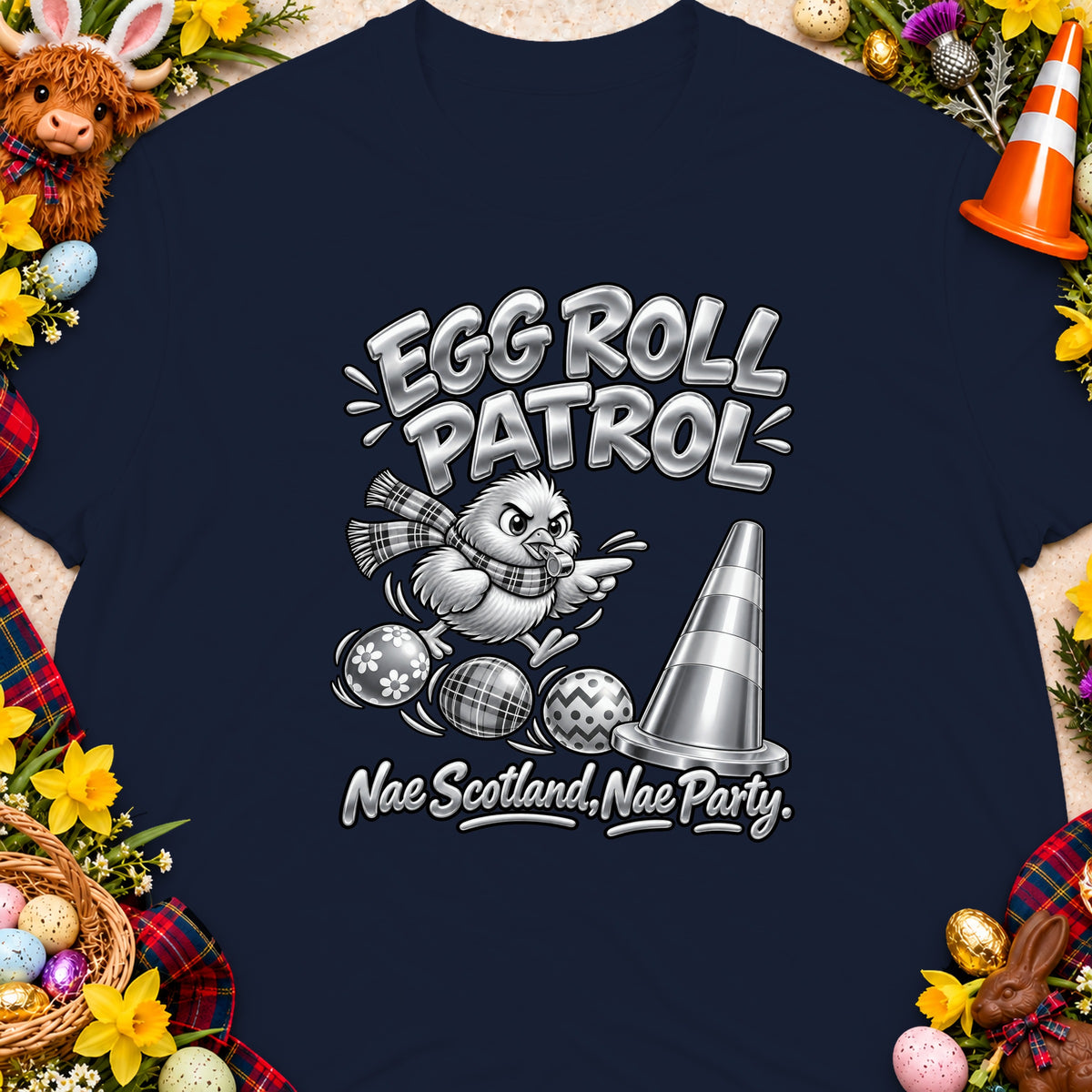 "Egg Roll Patrol" with a chick, eggs, and cone graphic. "Nae Scotland, Nae Party."