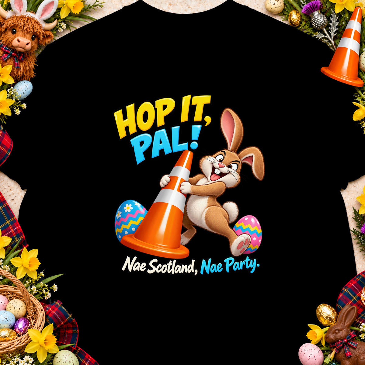 Cartoon bunny holding traffic cone, with "Hop it, Pal!" text and Easter eggs.