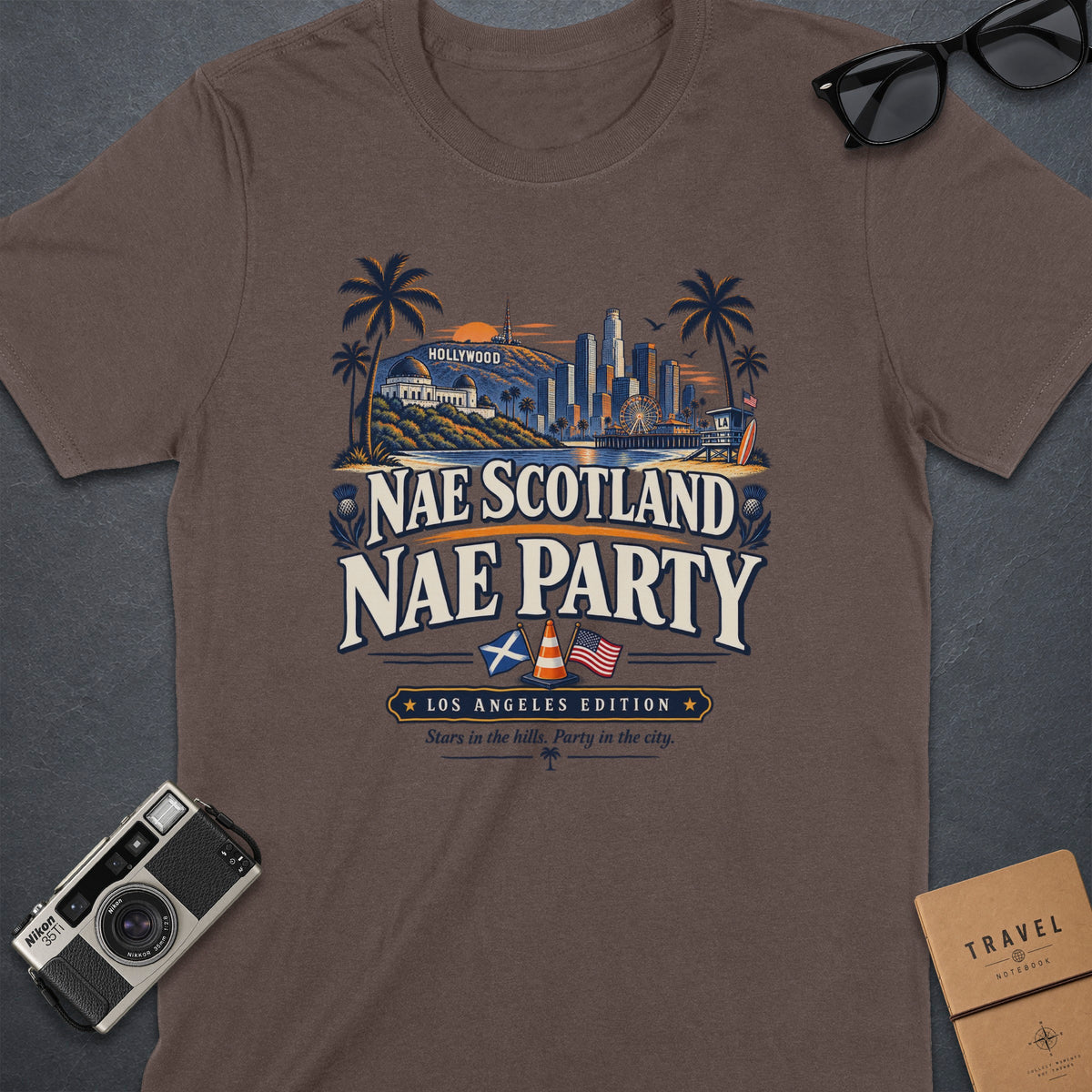 T-shirt with "Nae Scotland Nae Party" and Los Angeles skyline graphic.