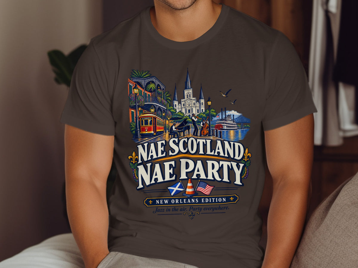New Orleans scene with jazz band, streetcar, and steamboat, says "Nae Scotland Nae Party".
