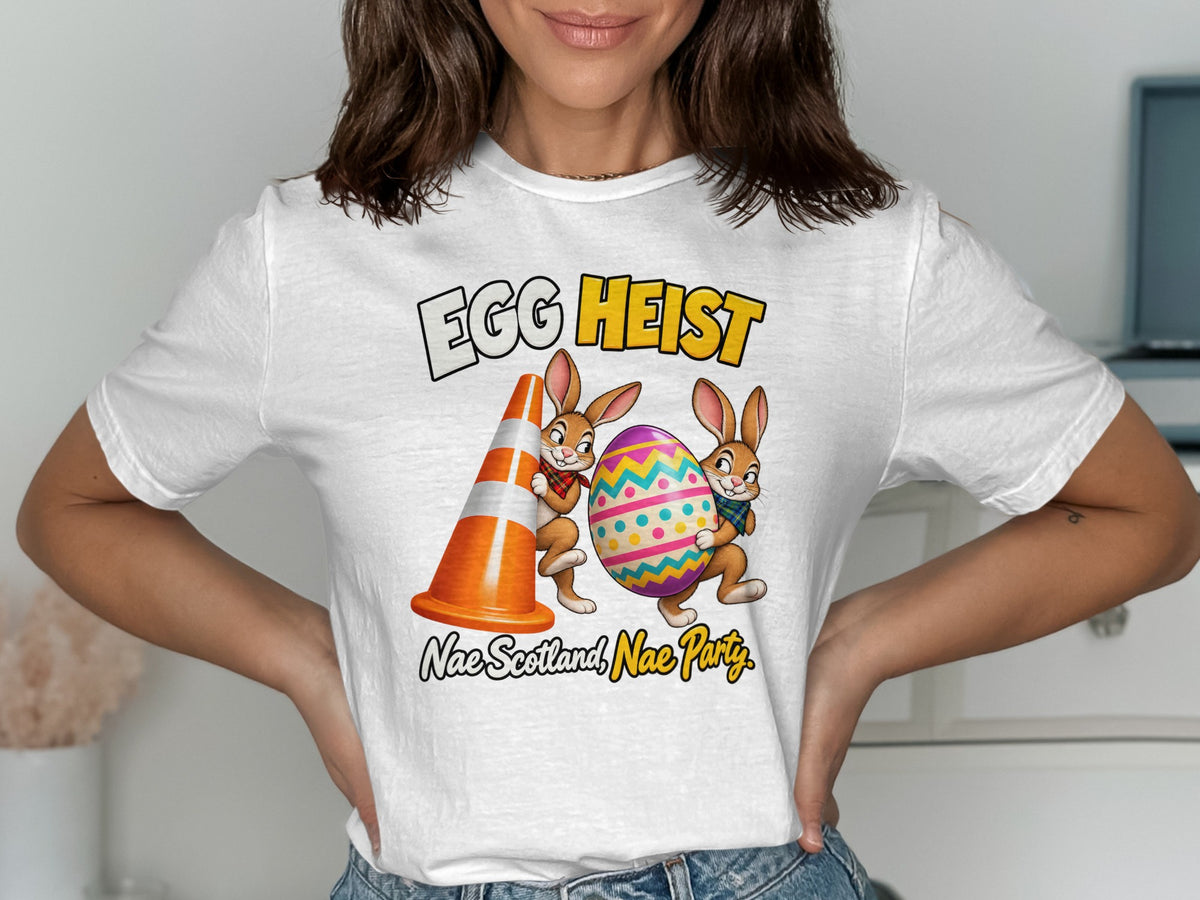 Two rabbits carrying a traffic cone and an Easter egg with "Egg Heist" text.