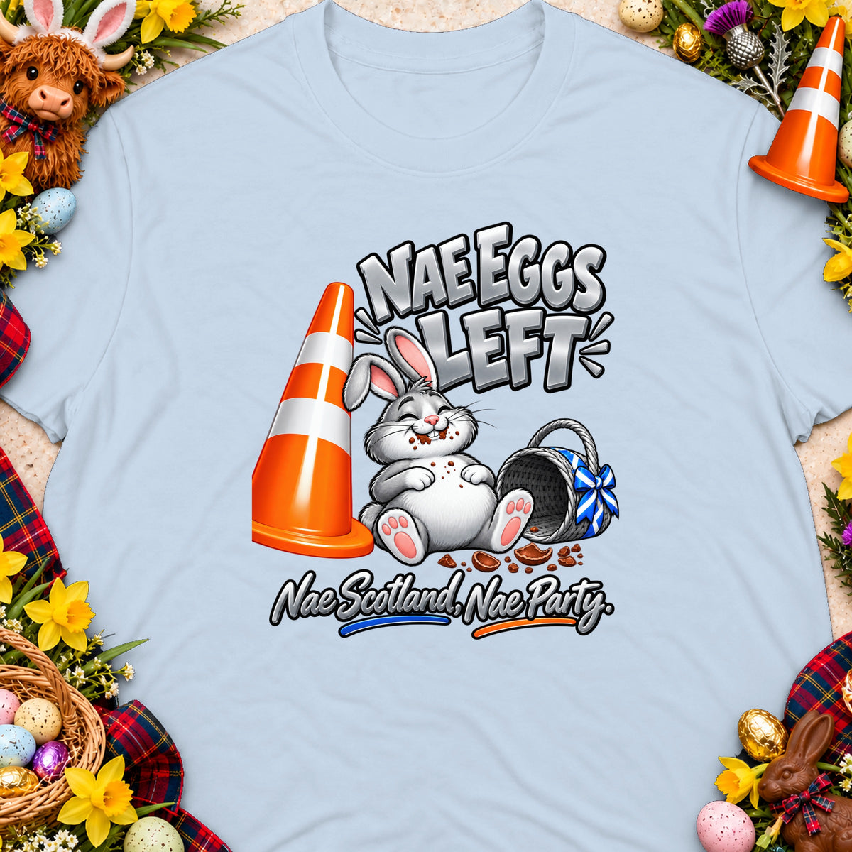 Cartoon bunny sits next to an orange cone, text reads "Nae Eggs Left".