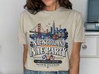 T-shirt with San Francisco skyline, Golden Gate Bridge, tram, and text "Nae Scotland Nae Party".