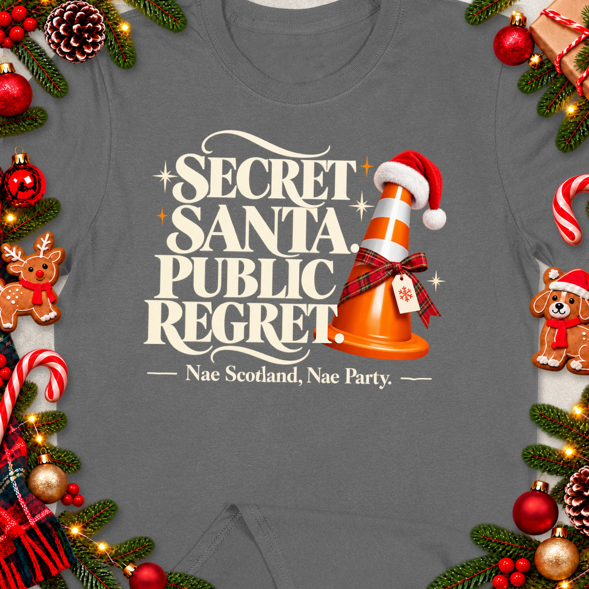 Grey t-shirt with "Secret Santa. Public Regret." text and a traffic cone.
