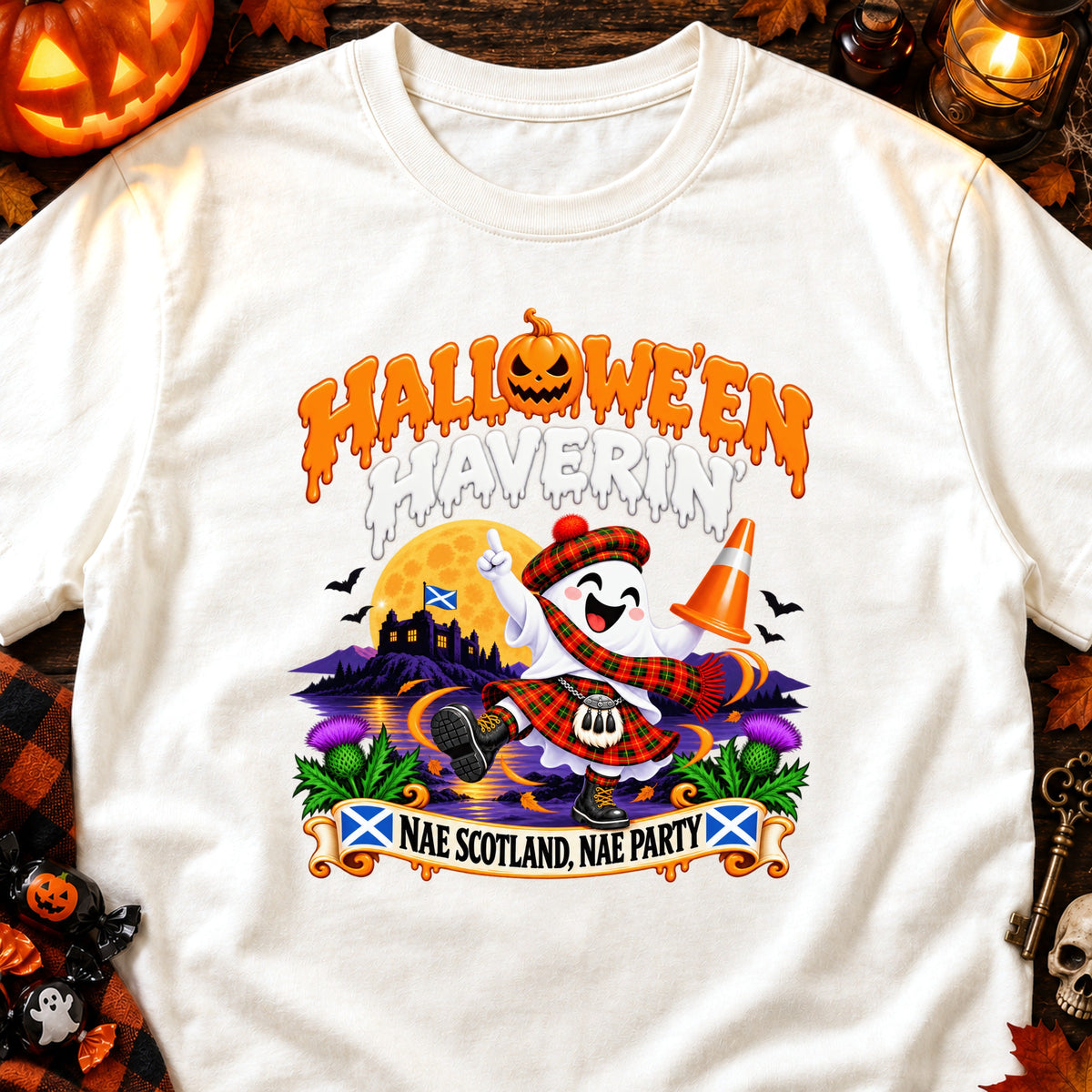 White t-shirt with Halloween graphic of a ghost in kilt and tartan scarf, reading "Nae Scotland, Nae Party".