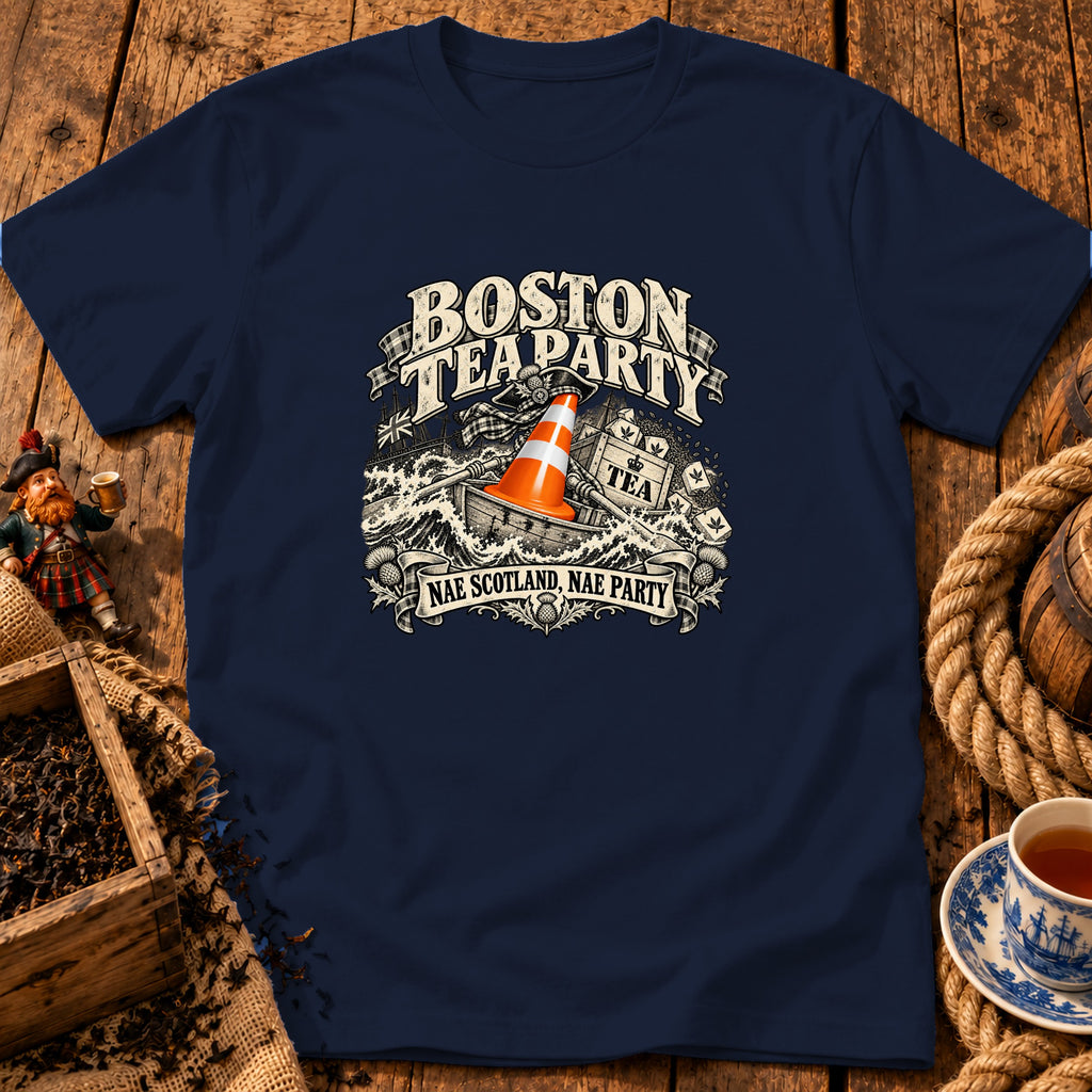 A navy blue t-shirt displays a graphic reading Boston Tea Party Nae Scotland Nae Party over a ship in rough seas with a traffic cone.