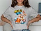 Cartoon bunny hugging traffic cone with Easter eggs and text "Hop it, Pal!"