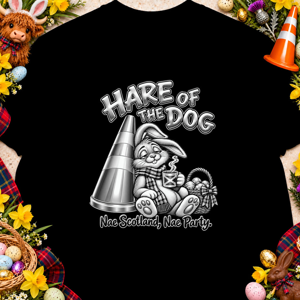 T-shirt graphic with text "Hare of the Dog" and "Nae Scotland, Nae Party."