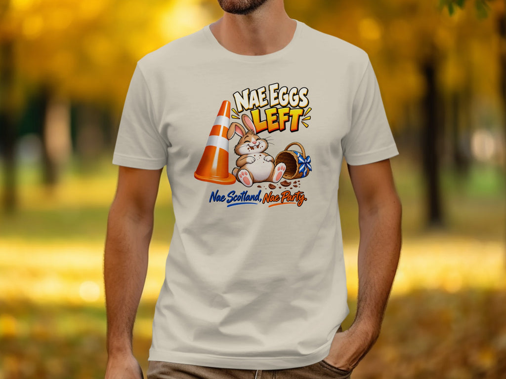 T-shirt with a cartoon rabbit, traffic cone, and text "Nae Eggs Left."