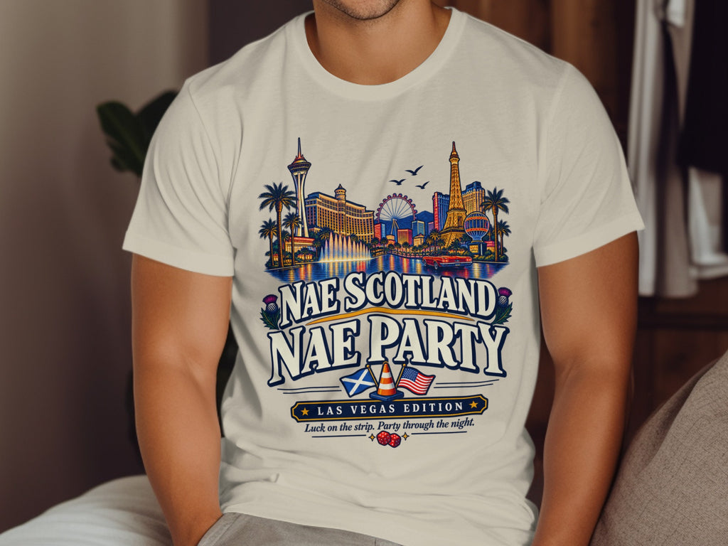 T-shirt with Las Vegas skyline, "Nae Scotland Nae Party" text, and dice.