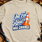Cream t-shirt with "One Fur The Road? Nae Chance." text and traffic cone graphic.