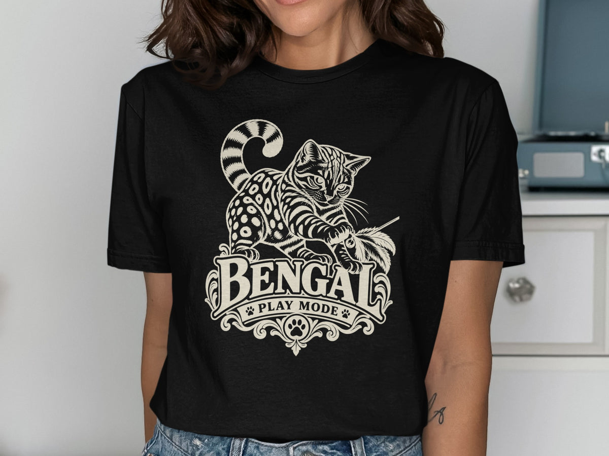 Black t-shirt with a Bengal cat graphic and text "BENGAL PLAY MODE".