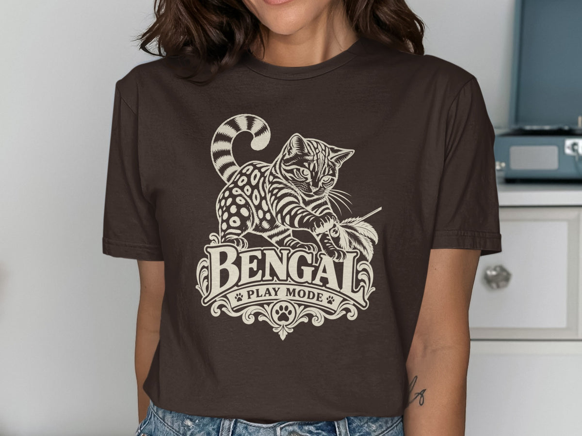 Bengal cat graphic with "Bengal Play Mode" text on a brown t-shirt.