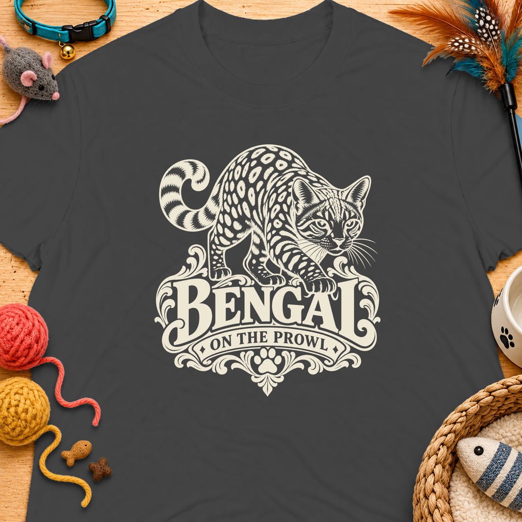 Dark grey t-shirt with "Bengal On The Prowl" text and a Bengal cat graphic.