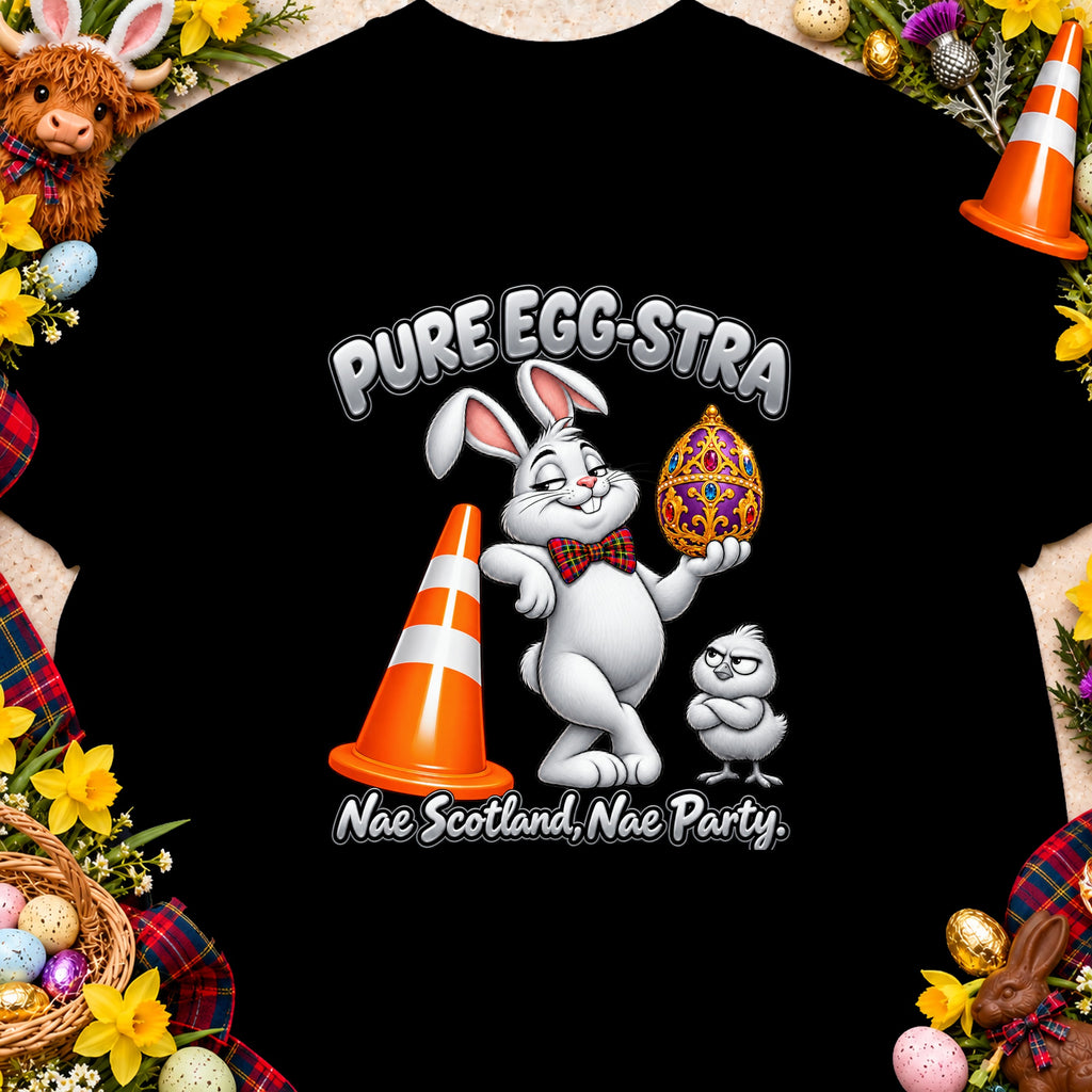 White bunny with Easter egg and chick reads "Pure Egg-stra Nae Scotland, Nae Party."