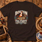 Dark brown t-shirt featuring a graphic with a traffic cone in a tea crate and text reading Boston Tea Party.