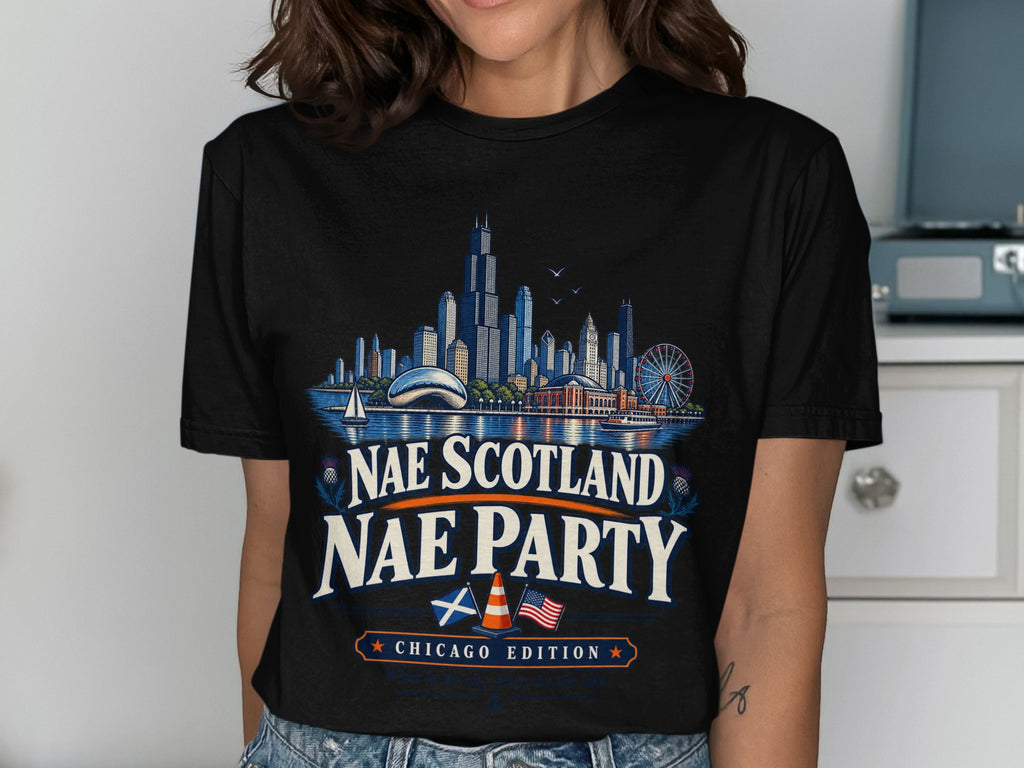 Black t-shirt with Chicago skyline, thistles, Scottish and American flags, and text.