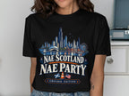 Black t-shirt with Chicago skyline, thistles, Scottish and American flags, and text.