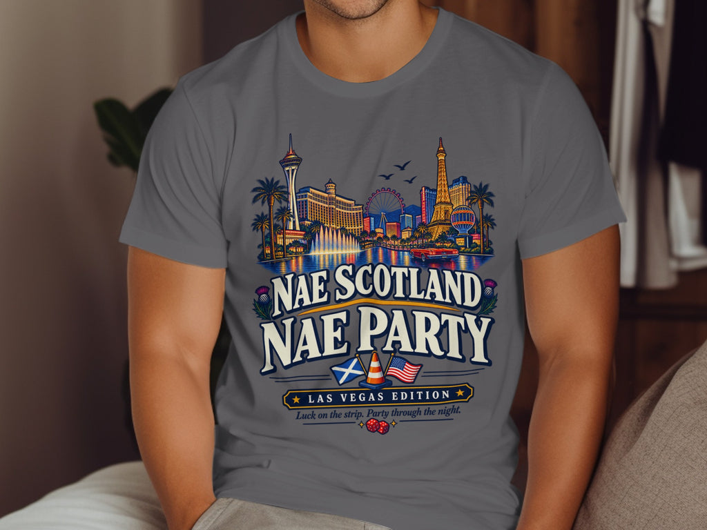 Grey t-shirt with Las Vegas skyline graphic and "Nae Scotland Nae Party" text.