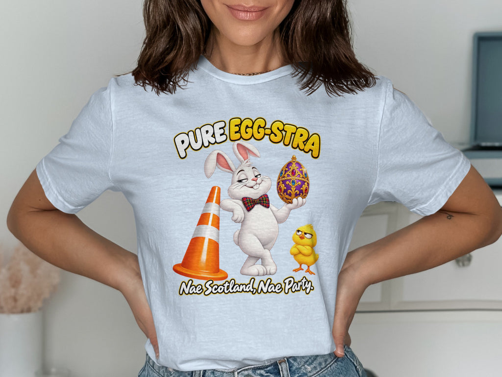 White t-shirt with "PURE EGG-STRA" text, a bunny holding an egg, traffic cone, and chick.