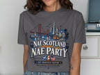 San Francisco skyline art with "Nae Scotland Nae Party" text and flags.