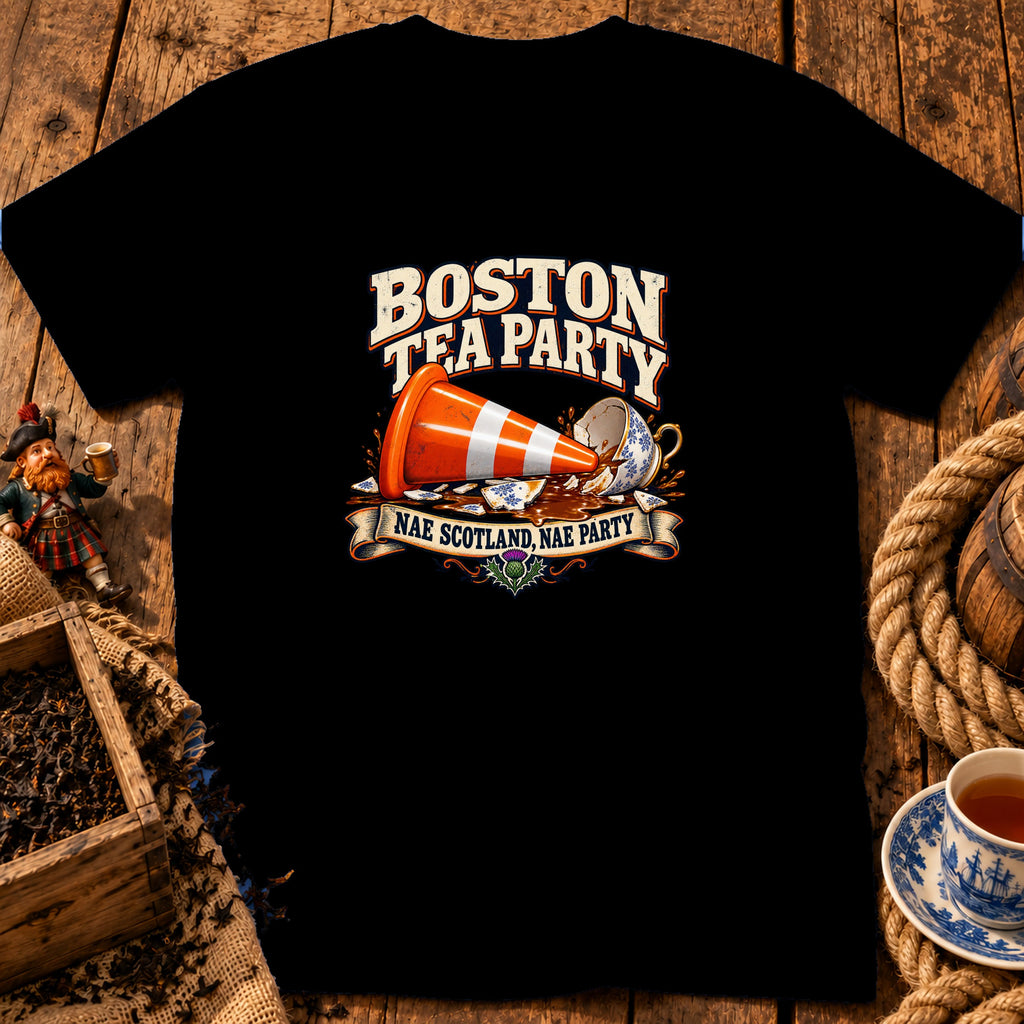 Black t-shirt featuring a graphic with a traffic cone, a broken teacup, and text reading Boston Tea Party Nae Scotland, Nae Party.
