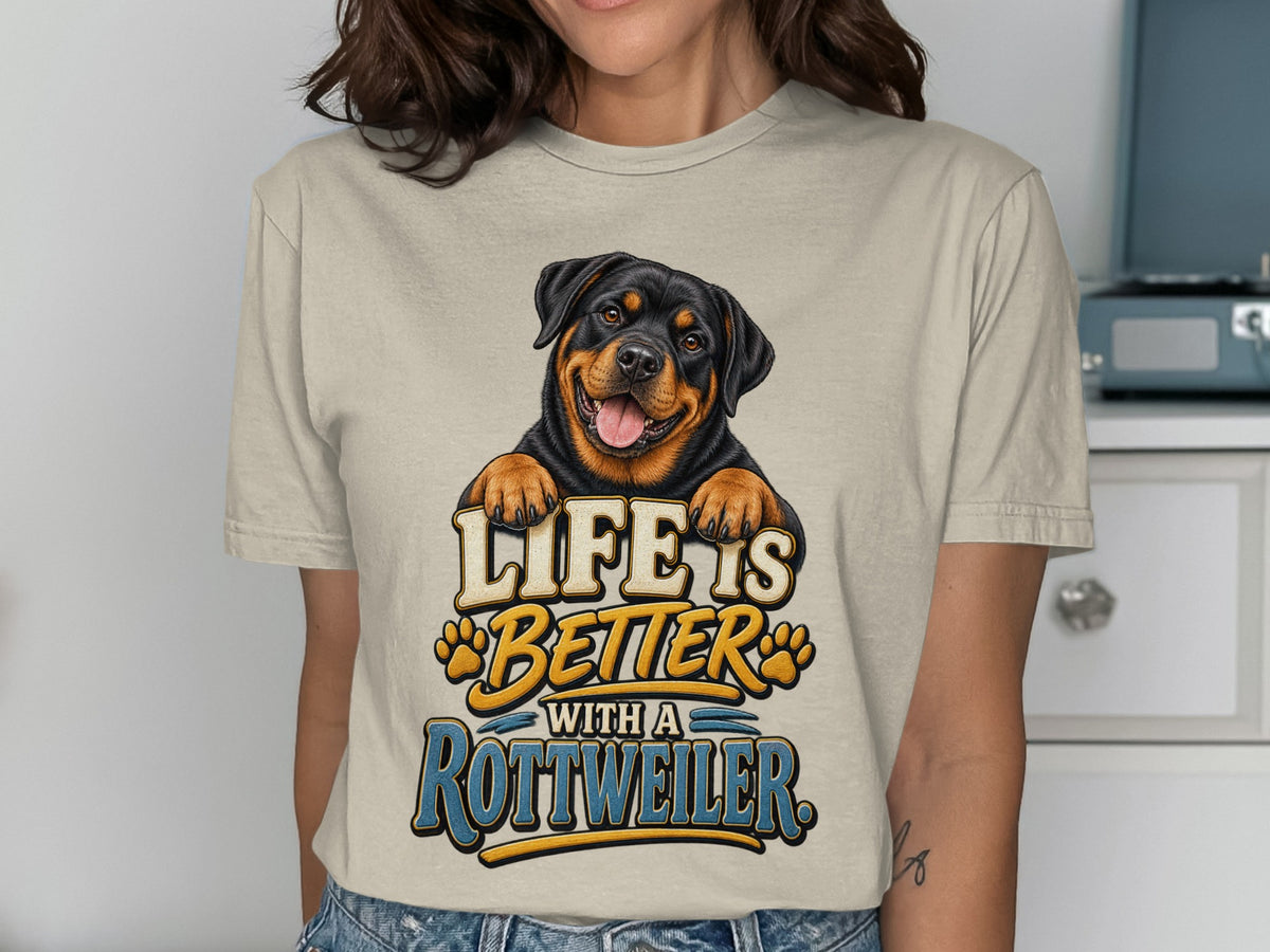 T-shirt graphic of a Rottweiler with text "Life is Better with a Rottweiler."
