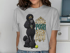 Black poodle wearing a crown and jewelry with "Too Posh To Fetch" text.