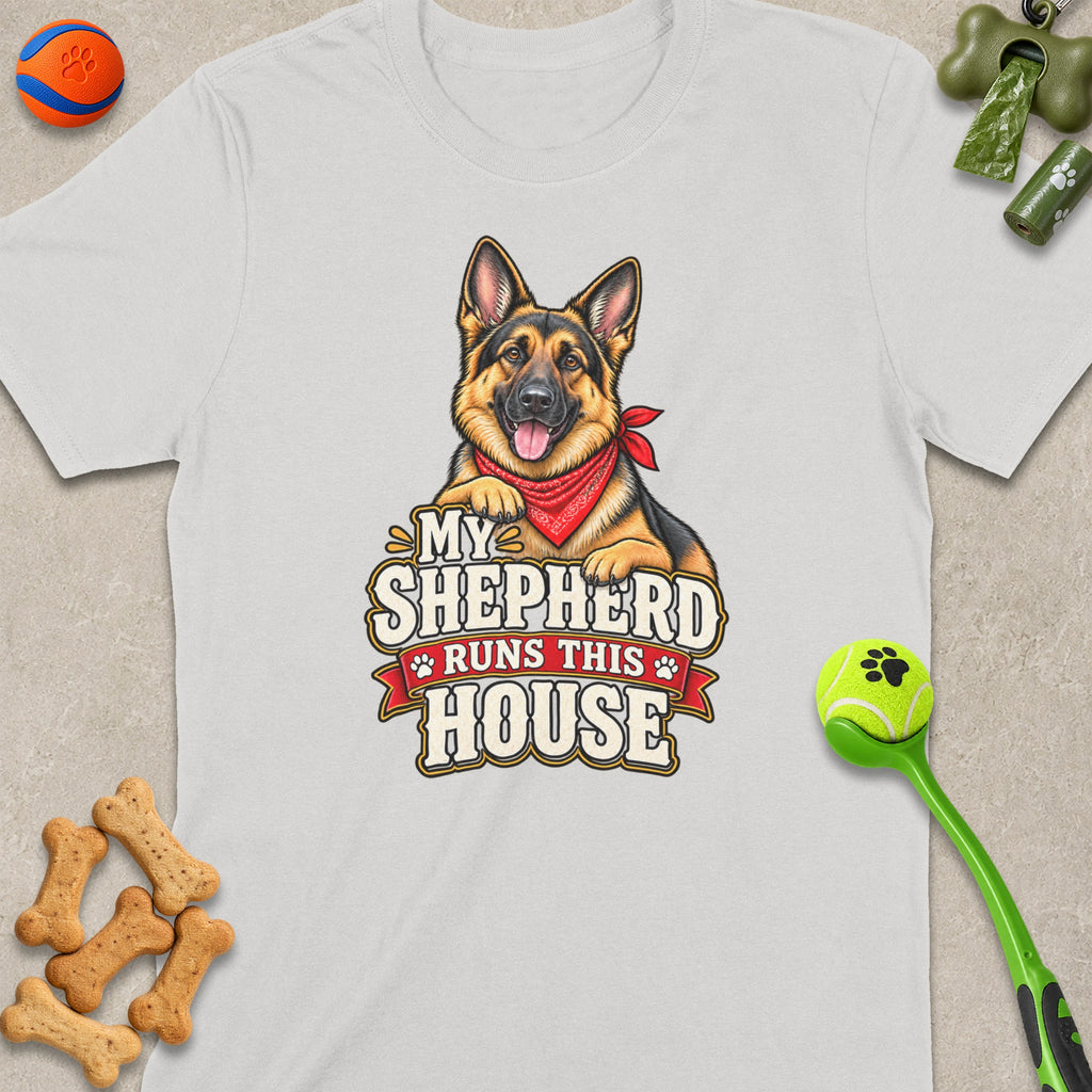German Shepherd wearing red bandana with text "My Shepherd Runs This House."