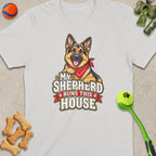 German Shepherd wearing red bandana with text "My Shepherd Runs This House."