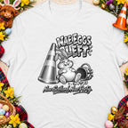 T-shirt with a cartoon rabbit and traffic cone, text "NAE EGGS LEFT" and "Nae Scotland, Nae Party."