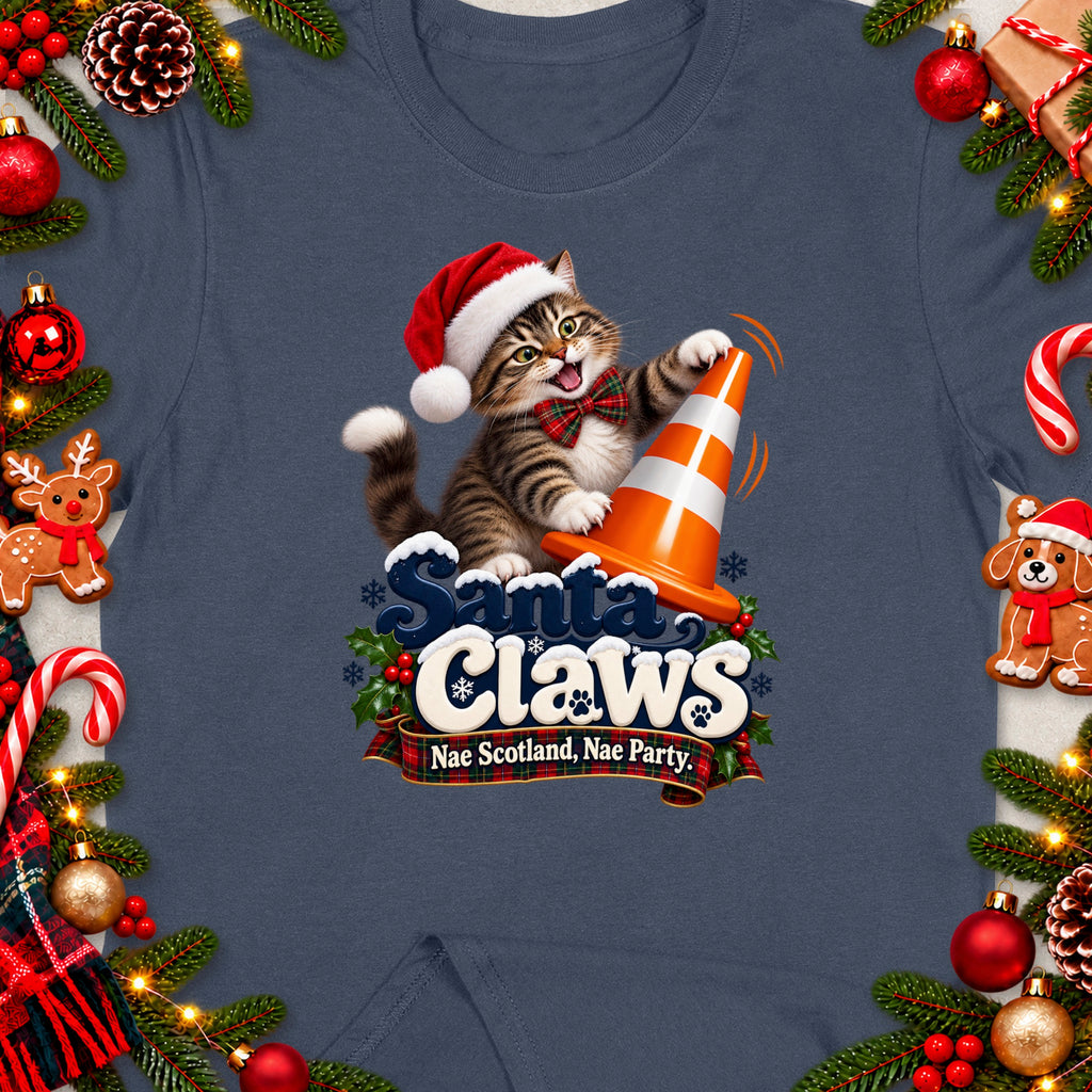 A tabby cat in a Santa hat plays with a traffic cone, with text "Santa Claws Nae Scotland, Nae Party".