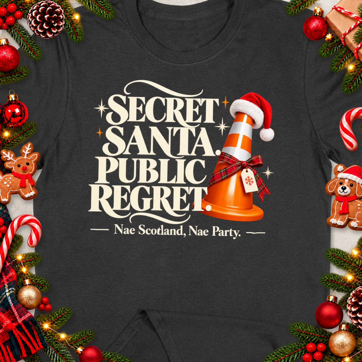 Dark t-shirt with "Secret Santa Public Regret" text and a festive cone.