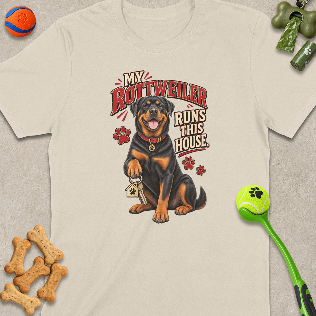 Rottweiler wearing a collar and holding keys with "My Rottweiler Runs This House" text.