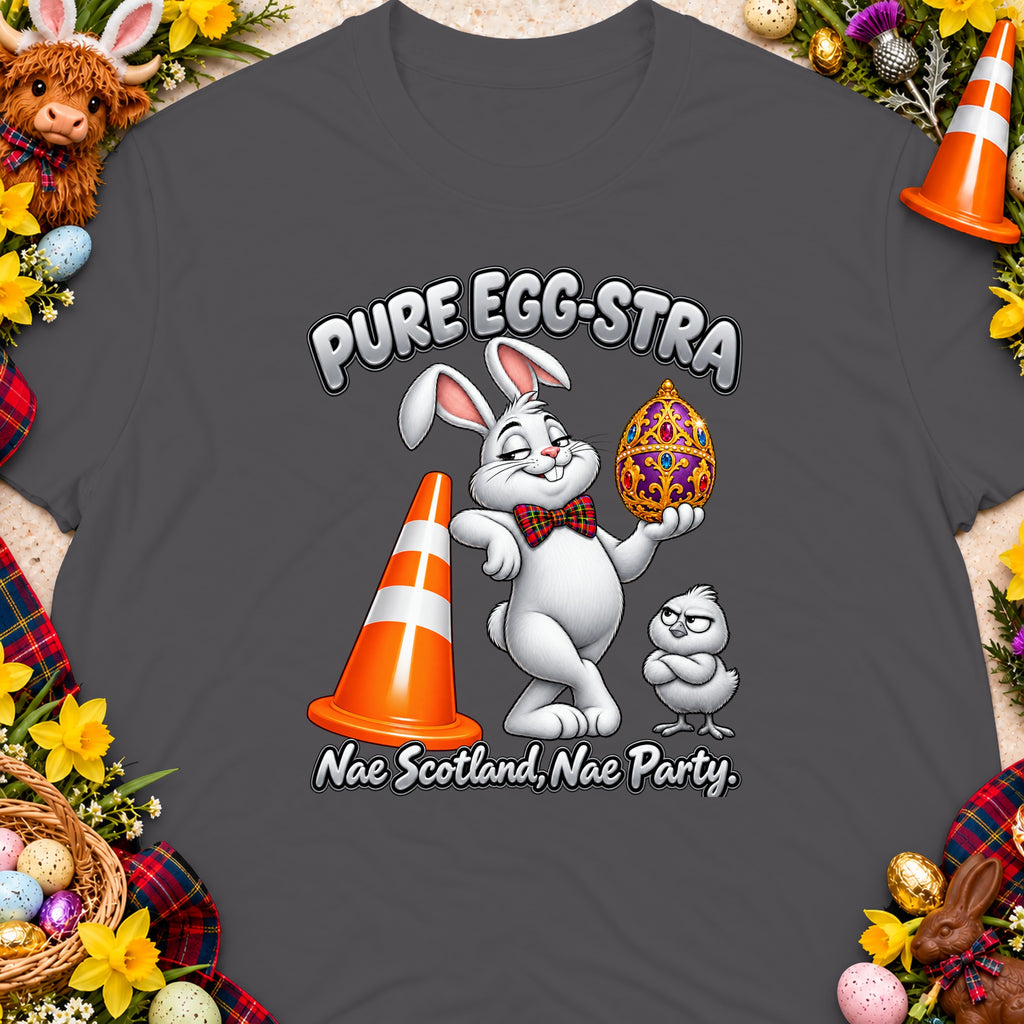 A white Easter bunny holds a jeweled egg, next to a chick and traffic cone.