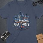 Navy t-shirt with "Nae Scotland Nae Party Chicago Edition" text and Chicago skyline graphic.