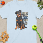 Light blue t-shirt with Rottweiler and text "SECURITY SYSTEM HAS PAWS".